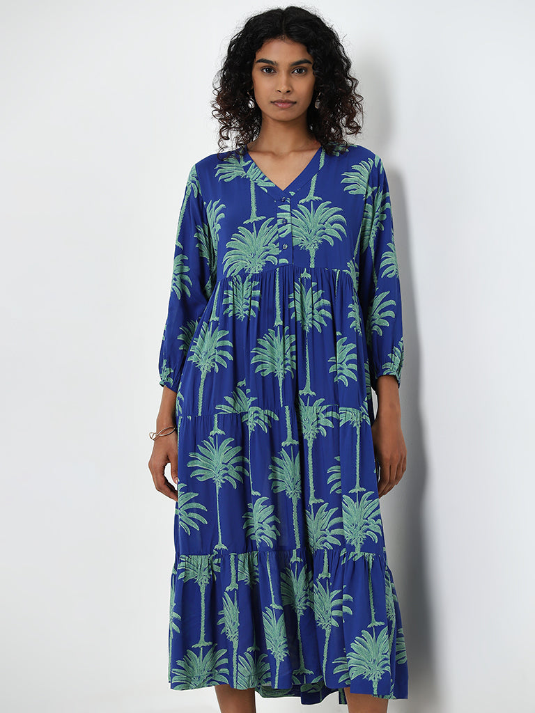 Utsa Blue Foliage Printed Tiered Dress