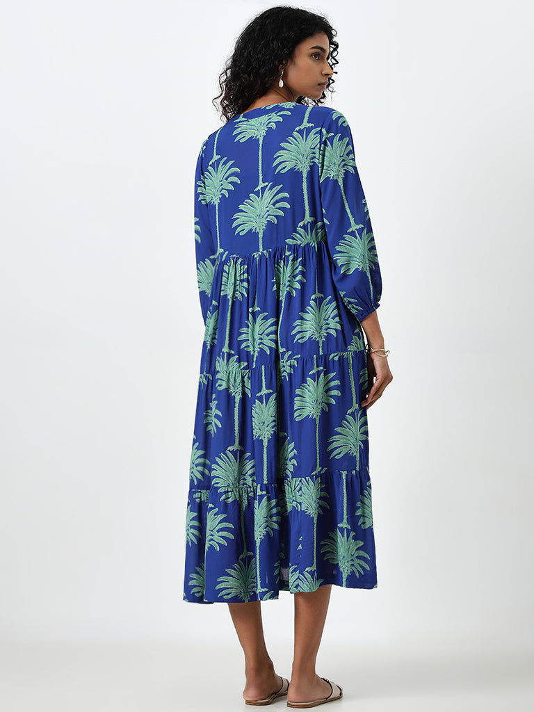 Utsa Blue Foliage Printed Tiered Dress