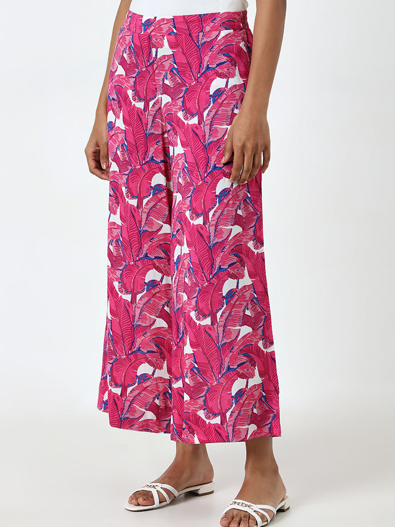 Utsa Pink Leaf Printed High-Rise Cotton Palazzos