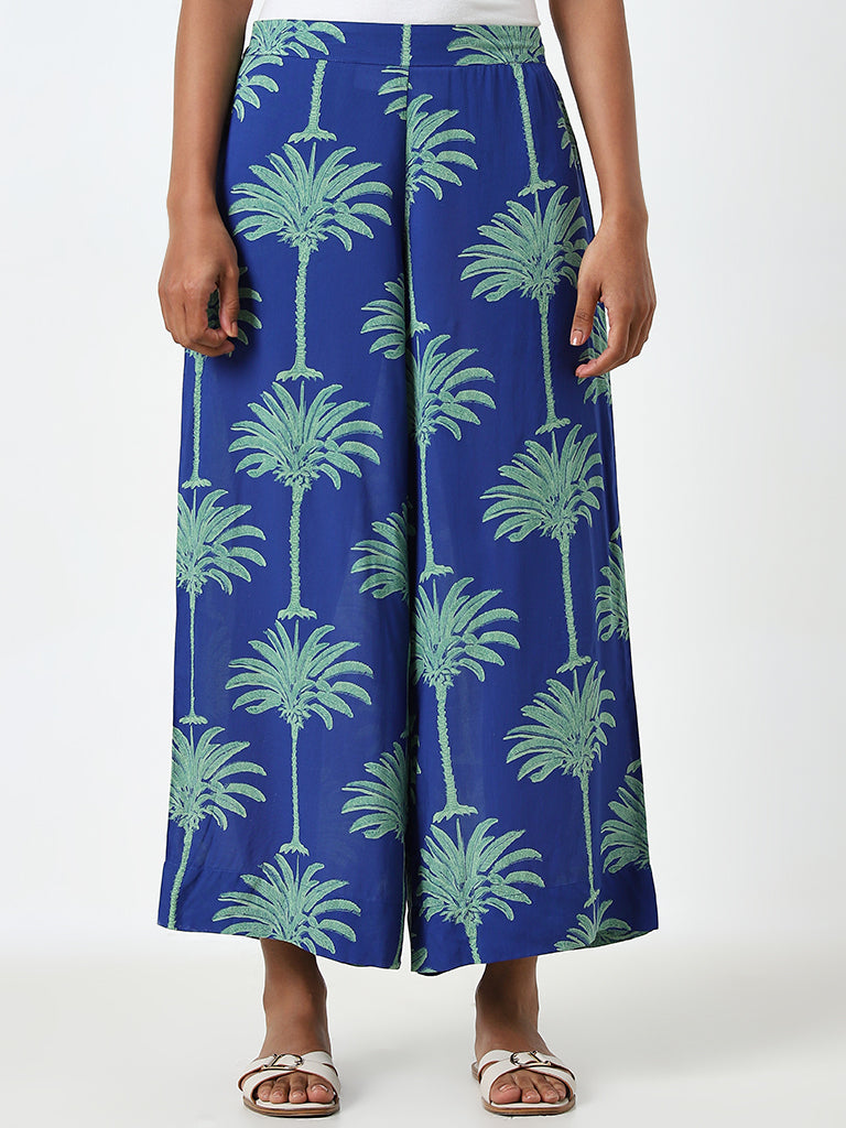 Utsa Blue Botanical Printed High-Rise Palazzos