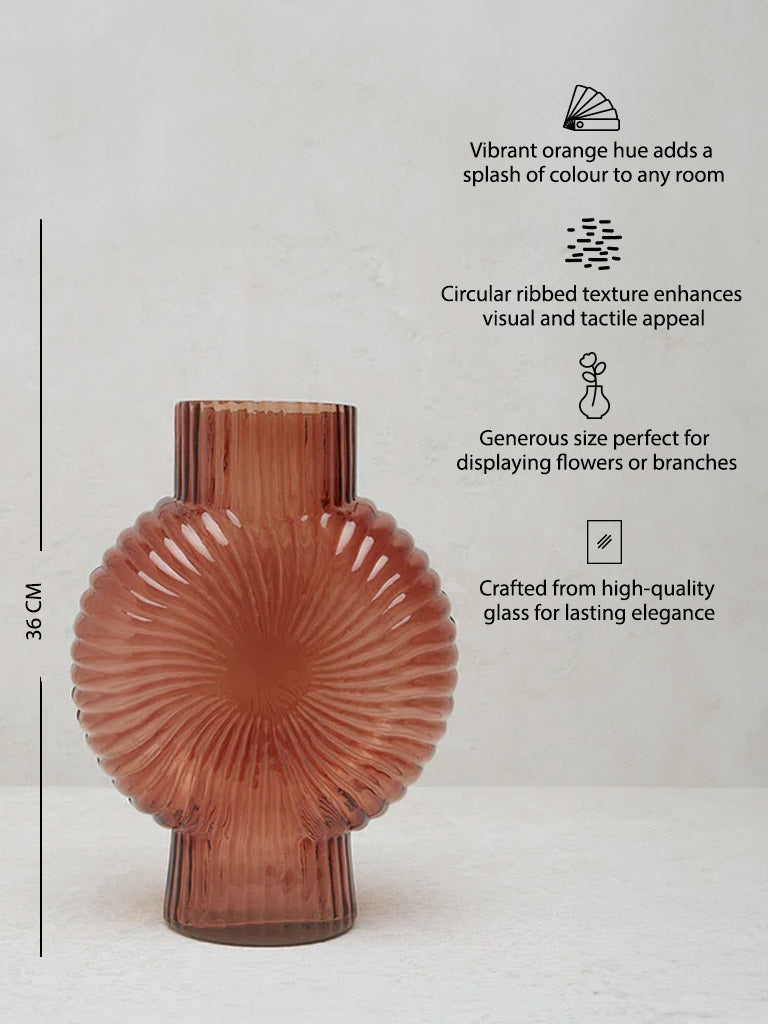 Westside Home Orange Circular Ribbed Textured Glass Vase - Large