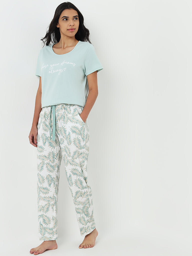 Wunderlove White Palm Leaf Printed High-Rise Cotton Pyjamas