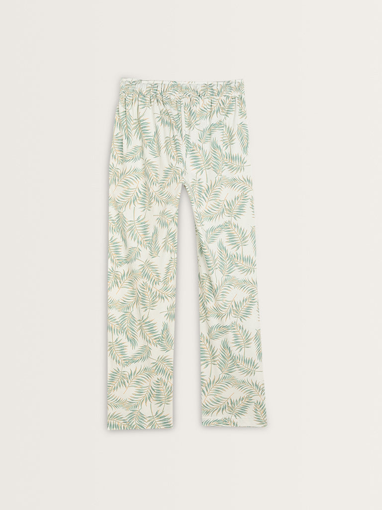 Wunderlove White Palm Leaf Printed High-Rise Cotton Pyjamas