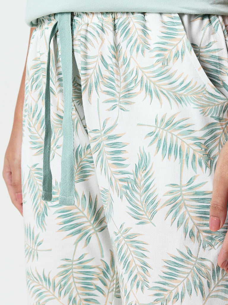 Wunderlove White Palm Leaf Printed High-Rise Cotton Pyjamas