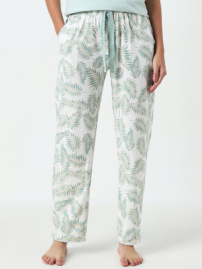 Wunderlove White Palm Leaf Printed High-Rise Cotton Pyjamas