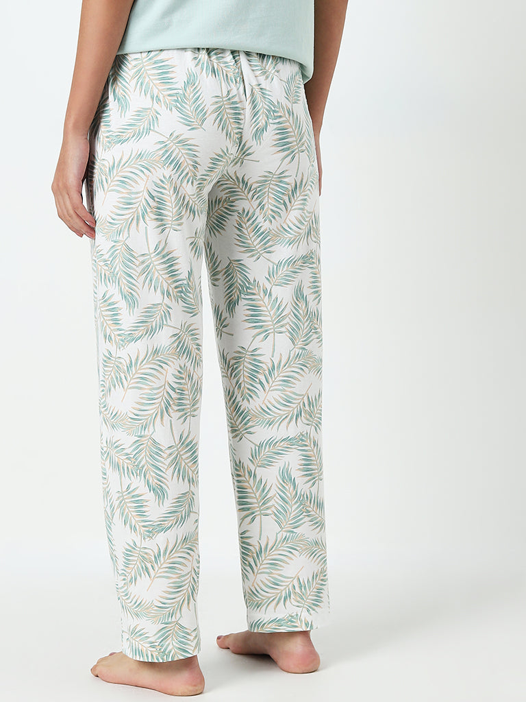 Wunderlove White Palm Leaf Printed High-Rise Cotton Pyjamas