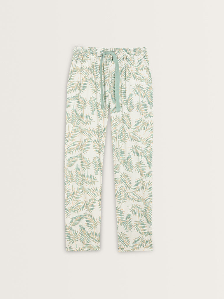 Wunderlove White Palm Leaf Printed High-Rise Cotton Pyjamas