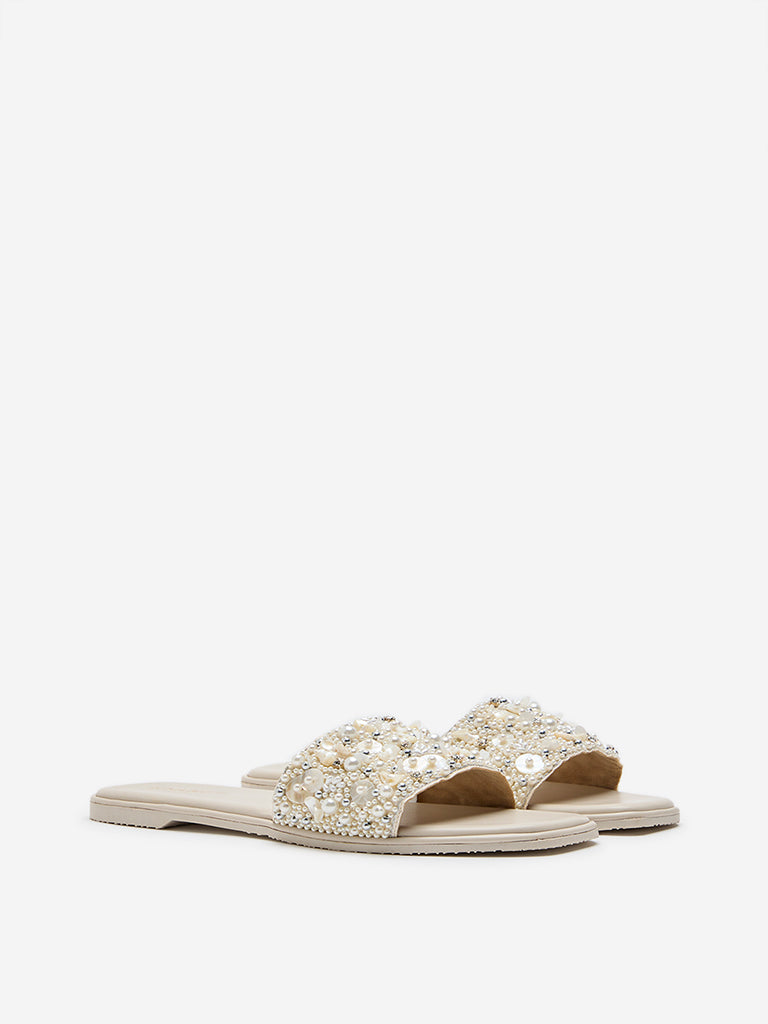 LUNA BLU Ivory Embellished Slides