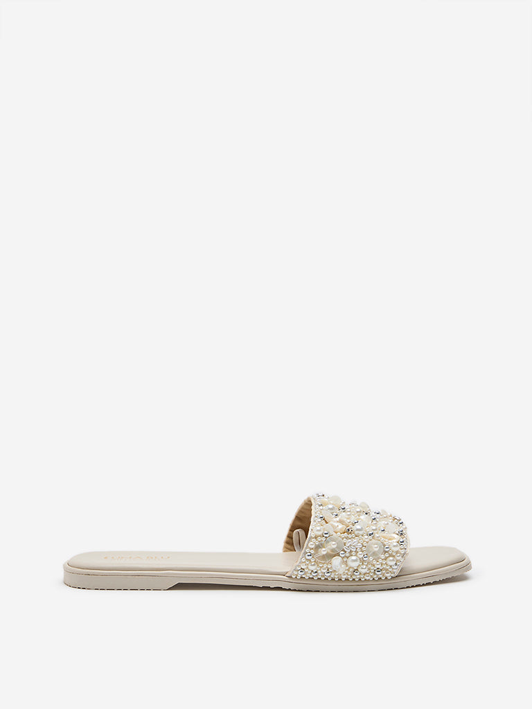 LUNA BLU Ivory Embellished Slides