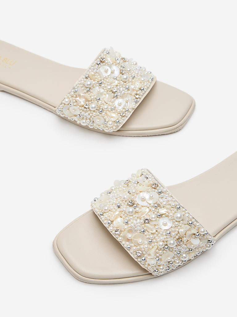 LUNA BLU Ivory Embellished Slides