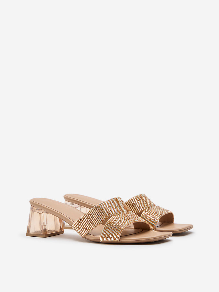 LUNA BLU Rose Gold Embellished Mule Heel Sandals