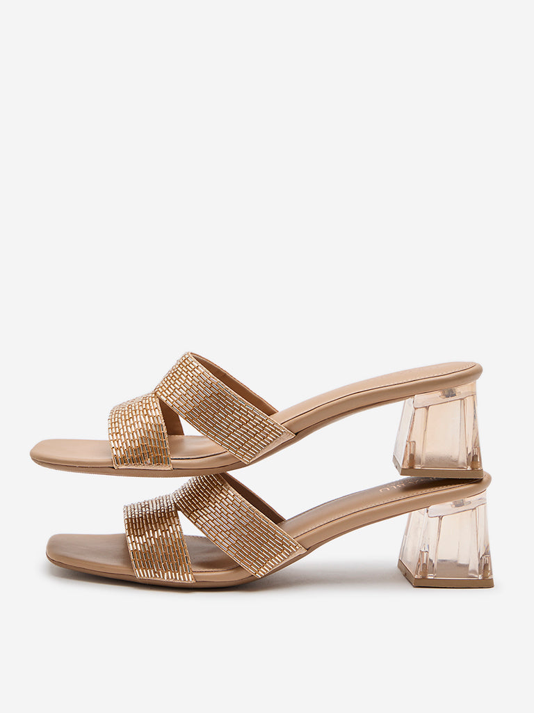 LUNA BLU Rose Gold Embellished Mule Heel Sandals