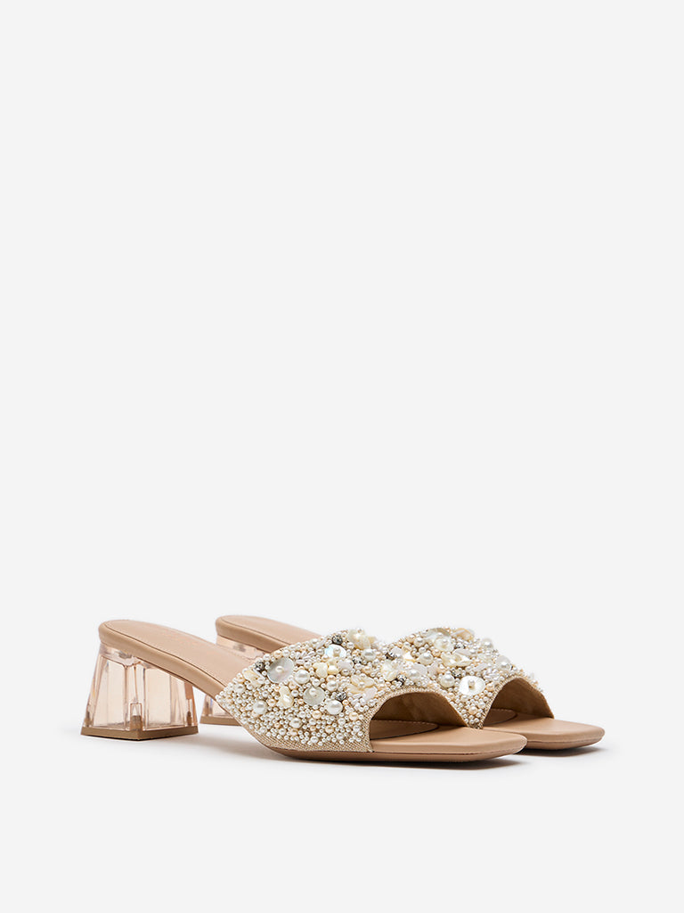 LUNA BLU Beige Embellished Block-Heel Sandals