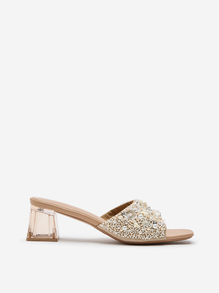 LUNA BLU Beige Embellished Block-Heel Sandals