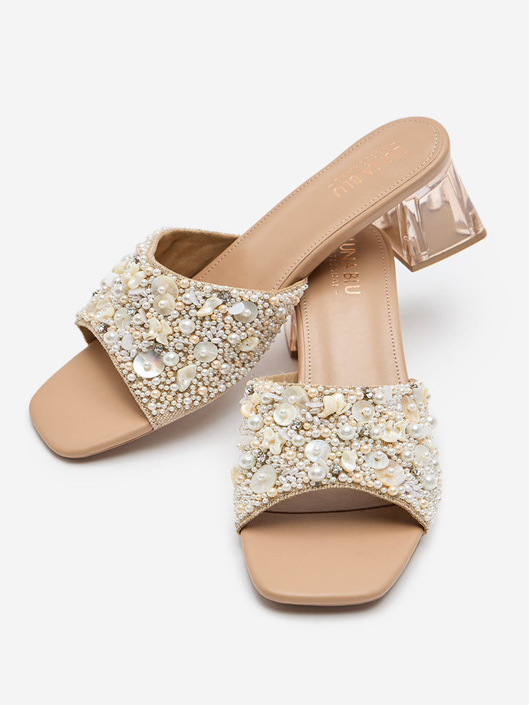 LUNA BLU Beige Embellished Block-Heel Sandals