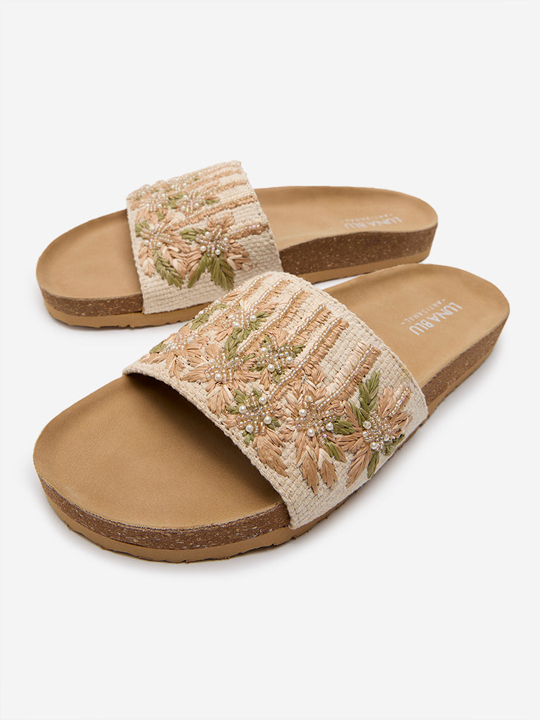 LUNA BLU Beige Embroidered Single Band Slides