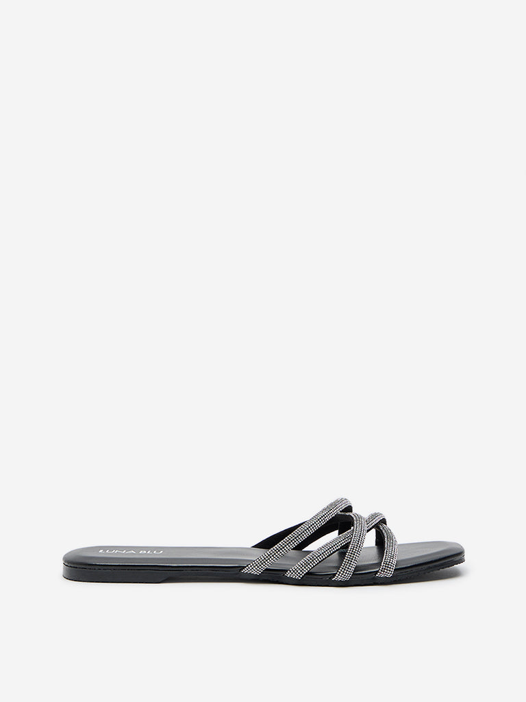 LUNA BLU Black Diamante Multi-Strap Sandals