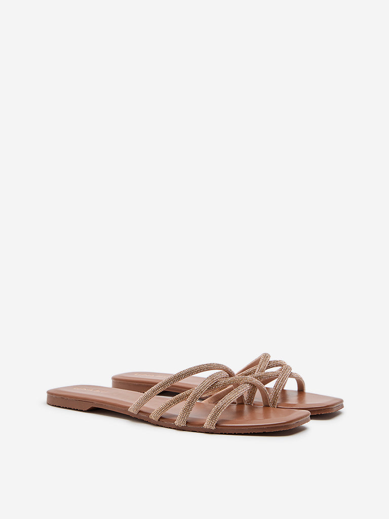 LUNA BLU Tan Diamante Multi-Strap Sandals