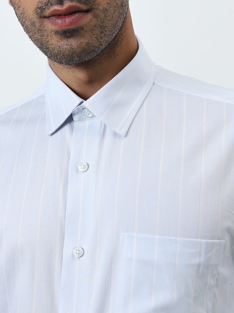 WES Formals Light Blue Striped Relaxed-Fit Cotton Shirt