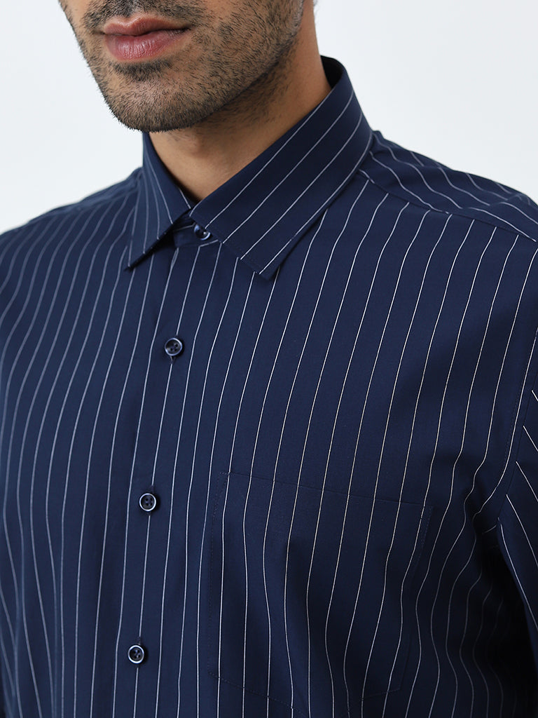 WES Formals Navy Striped Design Slim-Fit Cotton Shirt