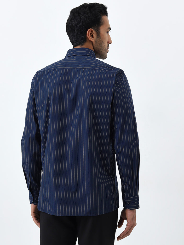 WES Formals Navy Striped Design Slim-Fit Cotton Shirt