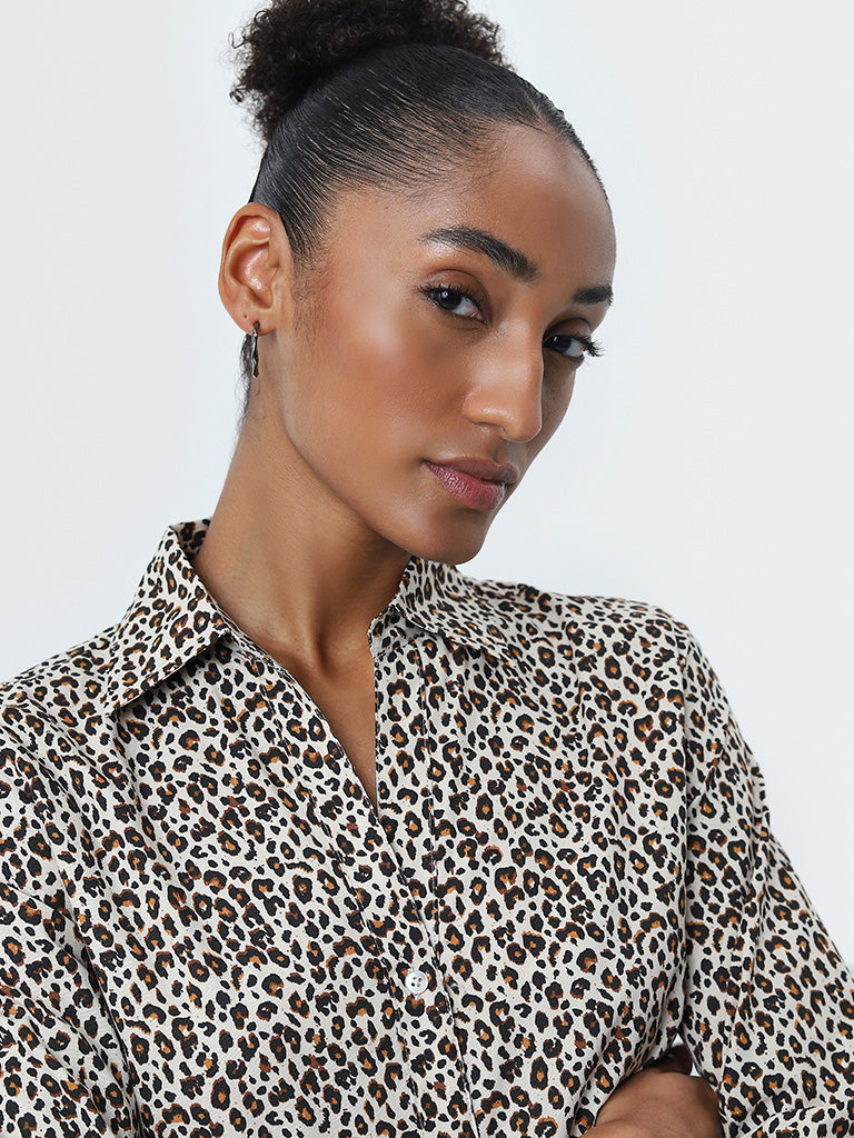 Wardrobe Beige & Black Animal Printed Cotton Shirt