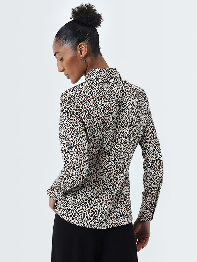 Wardrobe Beige & Black Animal Printed Cotton Shirt