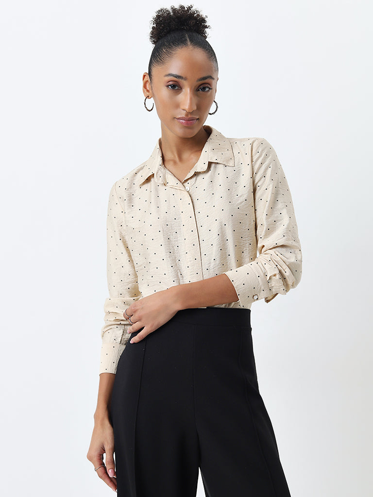 Wardrobe Beige Dot Printed Shirt