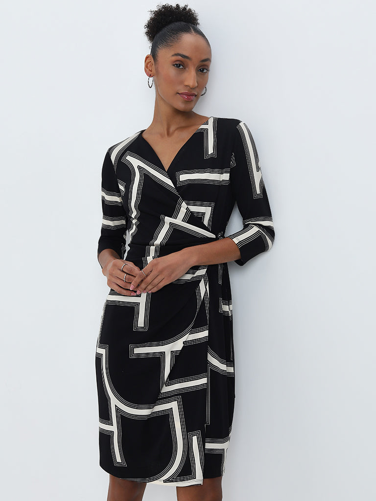 Wardrobe Black Abstract Printed Wrap Dress