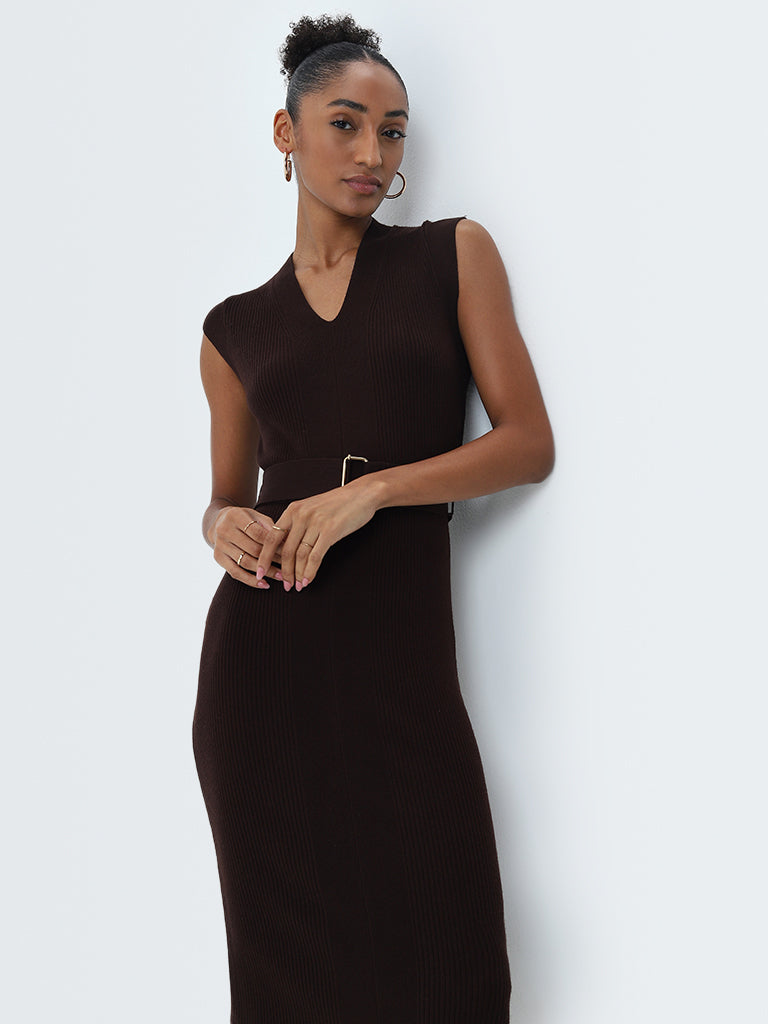 Buy Wardrobe Brown Bodycon Dress with Belt from Westside