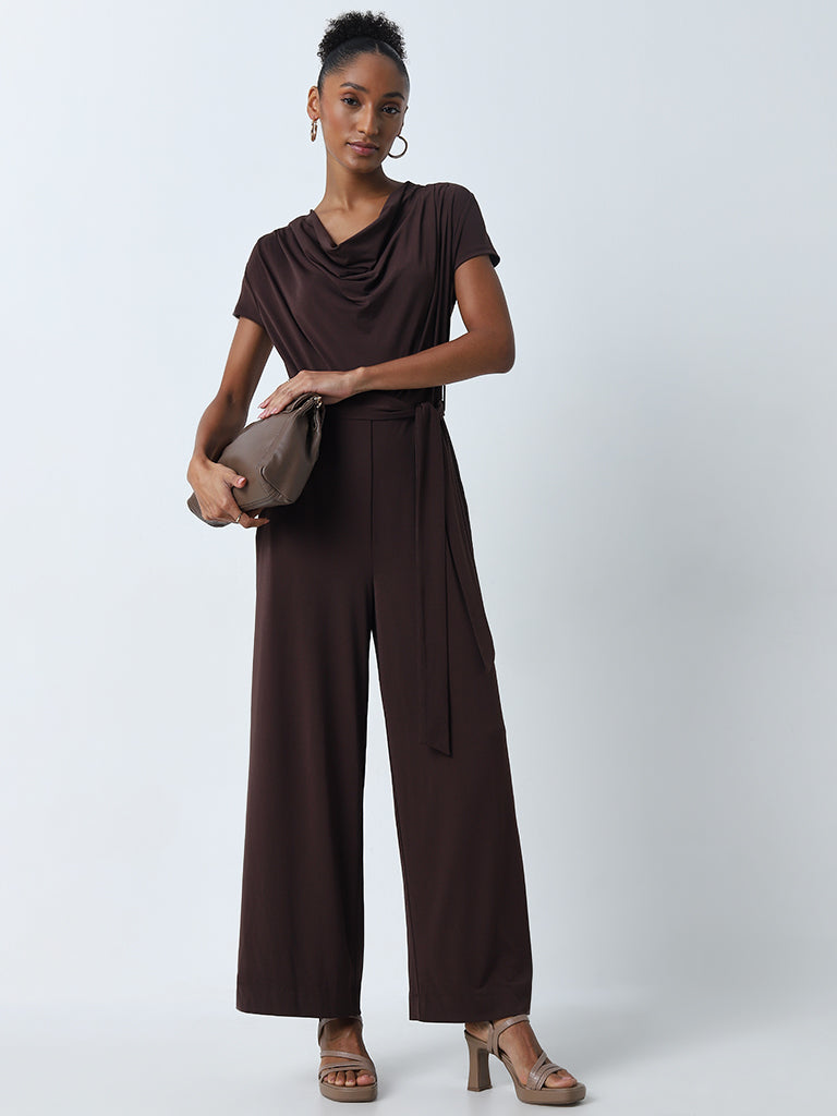 Wardrobe Dark Brown Cowl Neck Jumpsuit with Belt