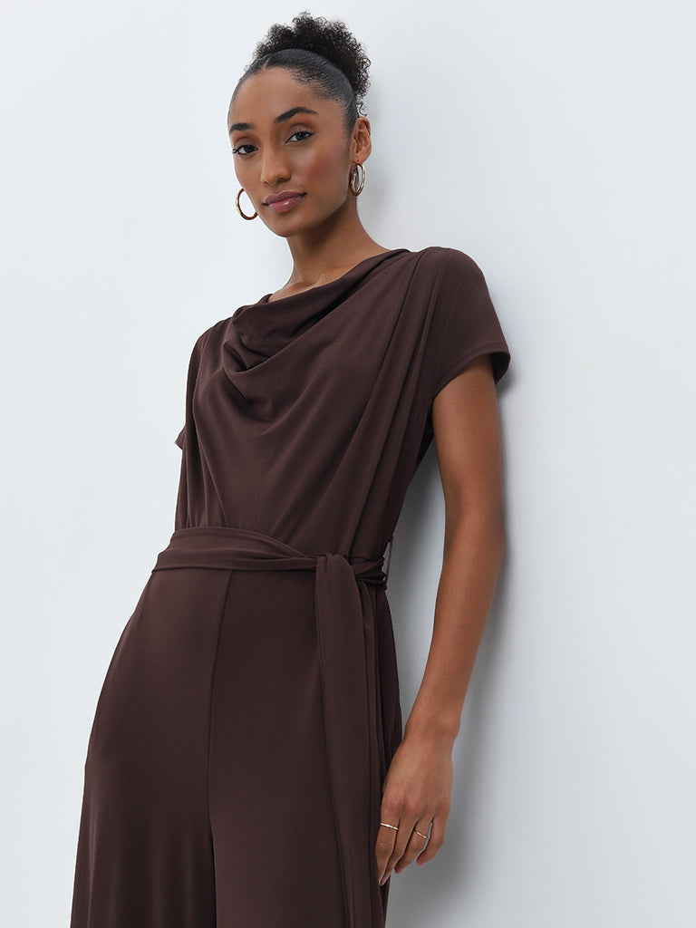 Wardrobe Dark Brown Cowl Neck Jumpsuit with Belt