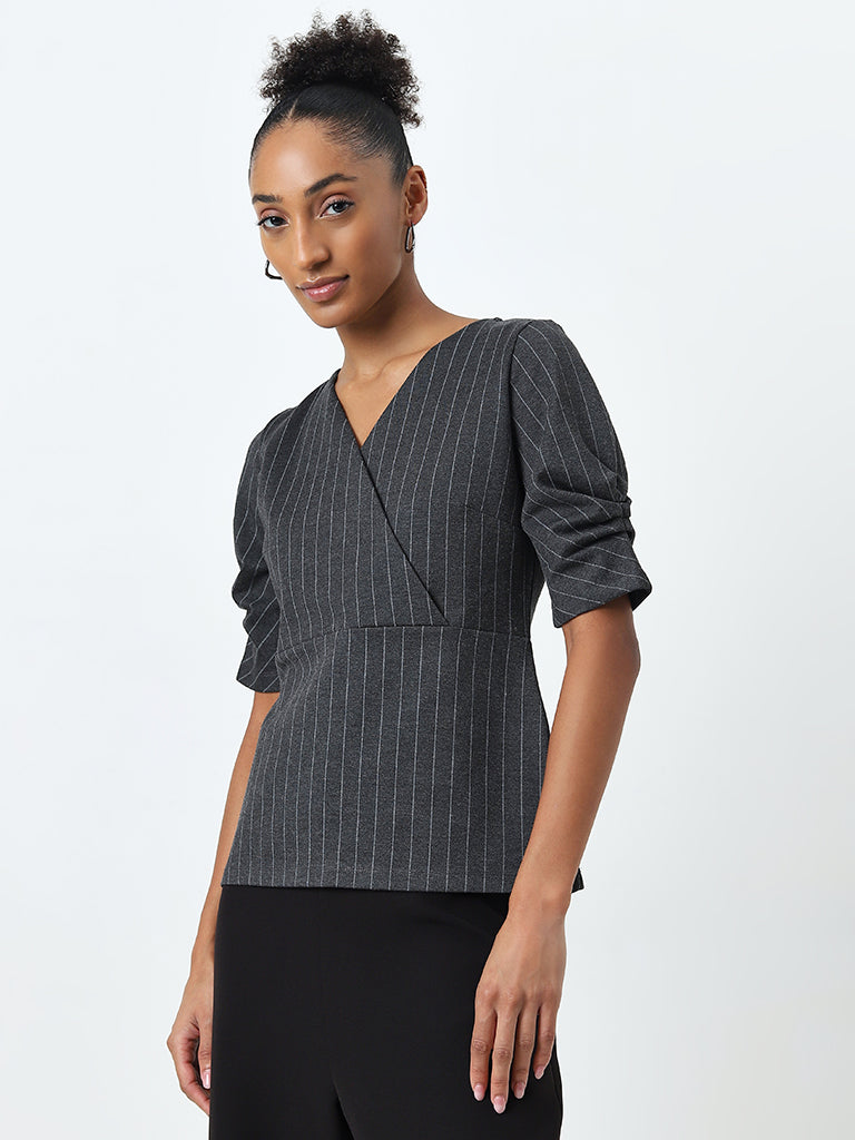 Wardrobe Grey Striped Design Wrap-Style Top