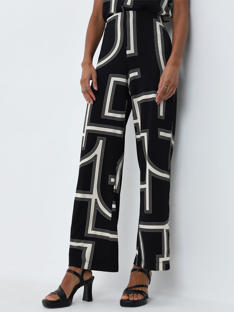 Wardrobe Black Abstract Printed High-Rise Pants