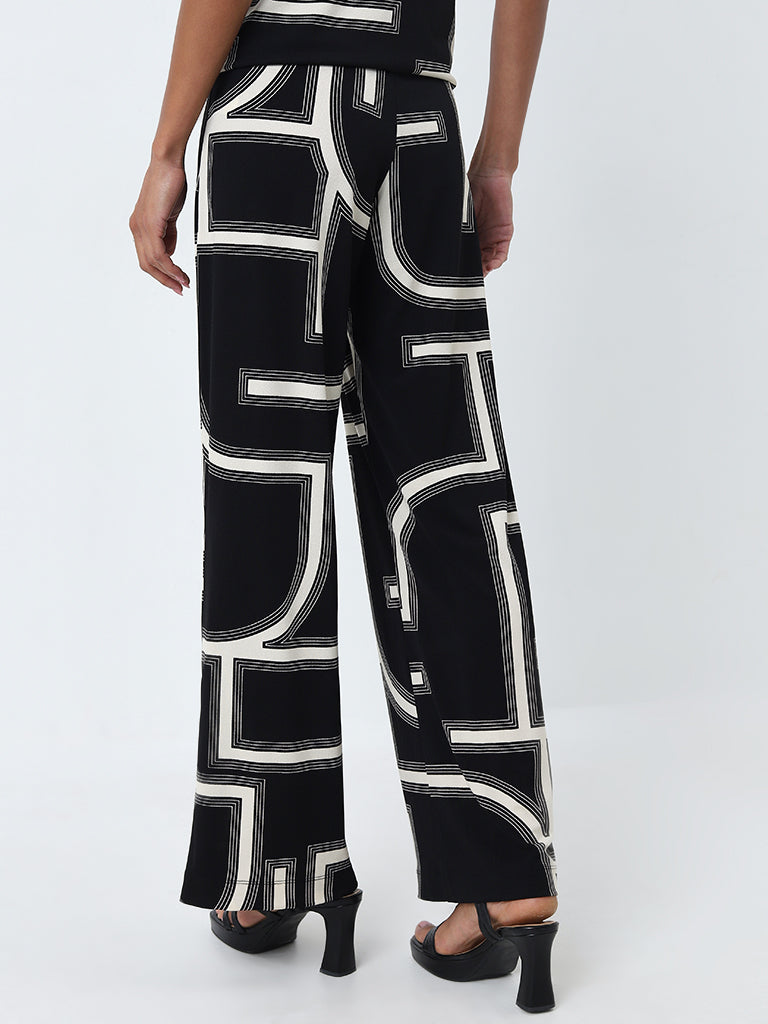 Wardrobe Black Abstract Printed High-Rise Pants