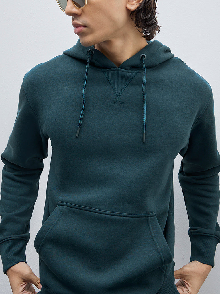 WES Casuals Teal Solid Relaxed-Fit Cotton-Blend Sweatshirt