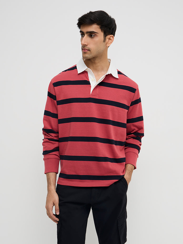 WES Casuals Red Stripe Printed Relaxed-Fit Cotton-Blend Sweater