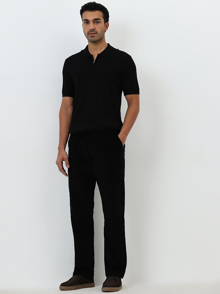 WES Casuals Black Ribbed Relaxed-Fit Mid-Rise Chinos