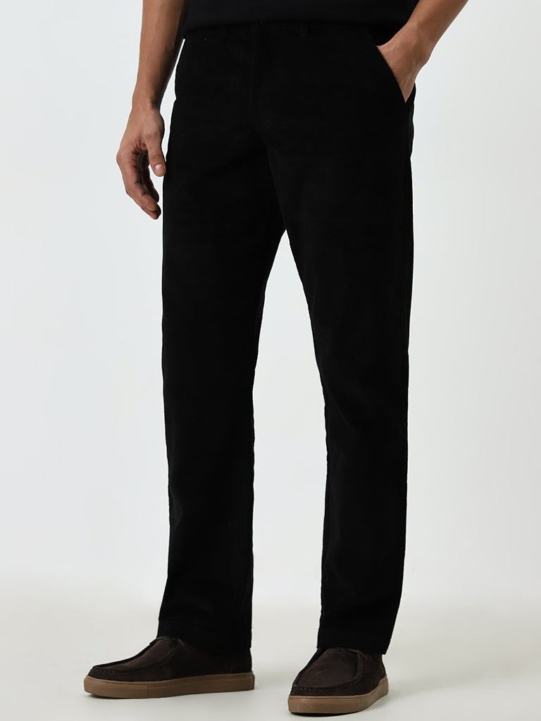 WES Casuals Black Ribbed Relaxed-Fit Mid-Rise Chinos