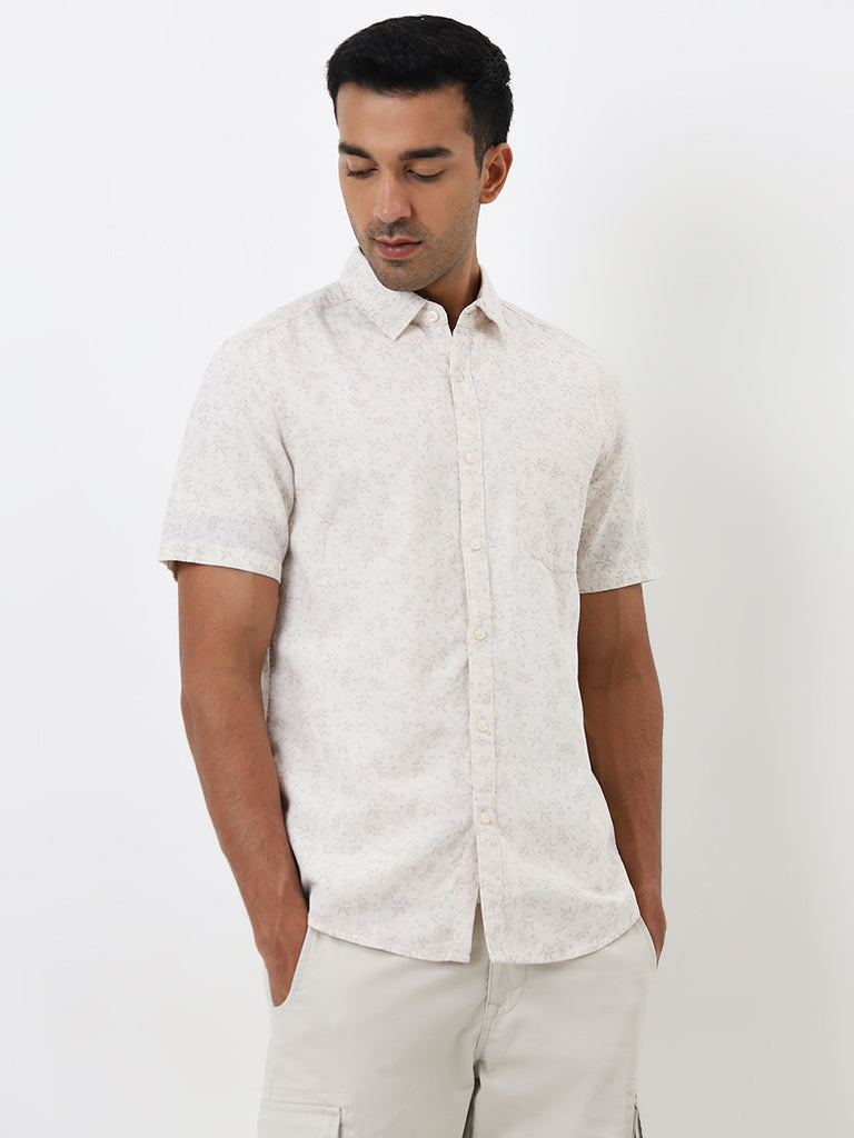 WES Casuals Beige Leaf Printed Slim-Fit Cotton Shirt