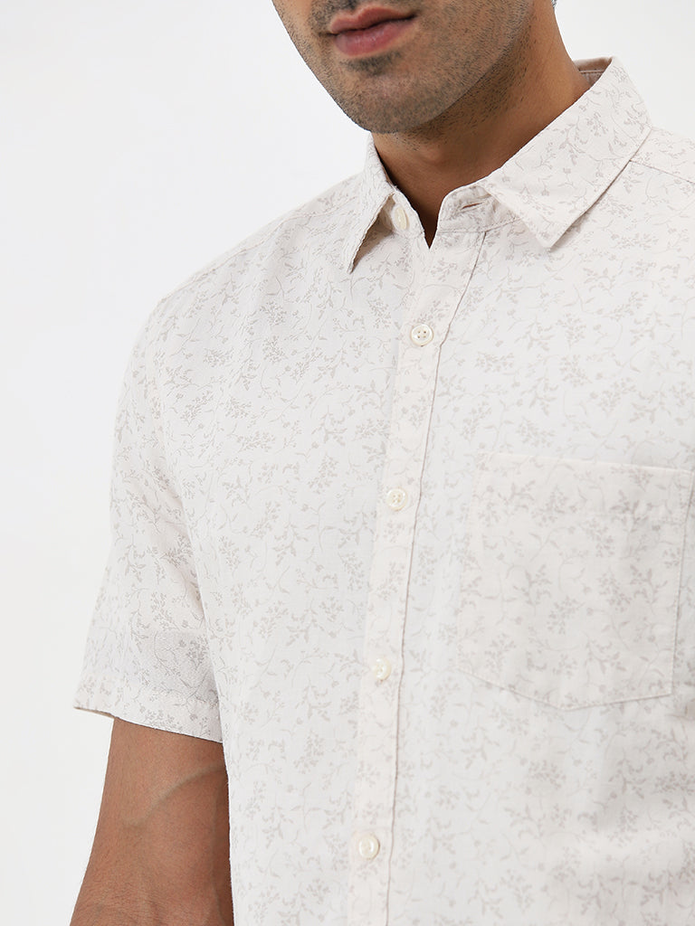 WES Casuals Beige Leaf Printed Slim-Fit Cotton Shirt