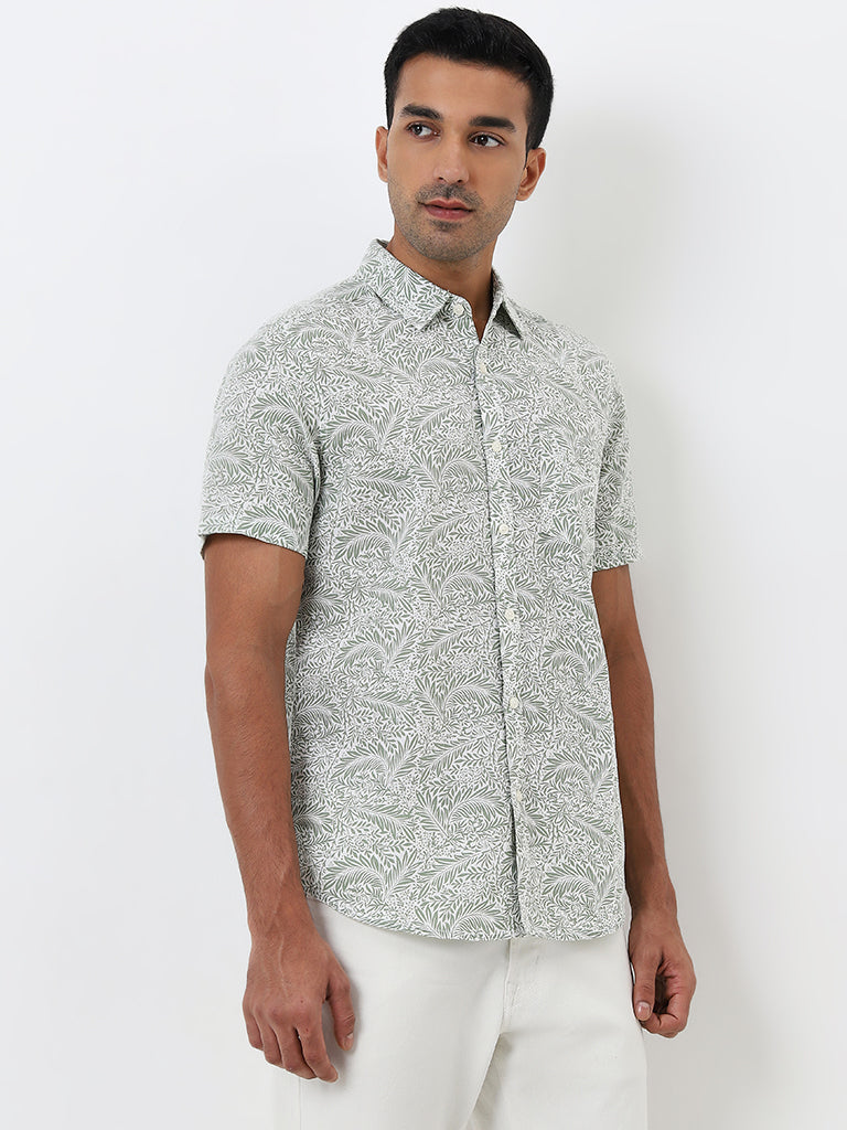 WES Casuals Sage Foliage Printed Slim-Fit Shirt