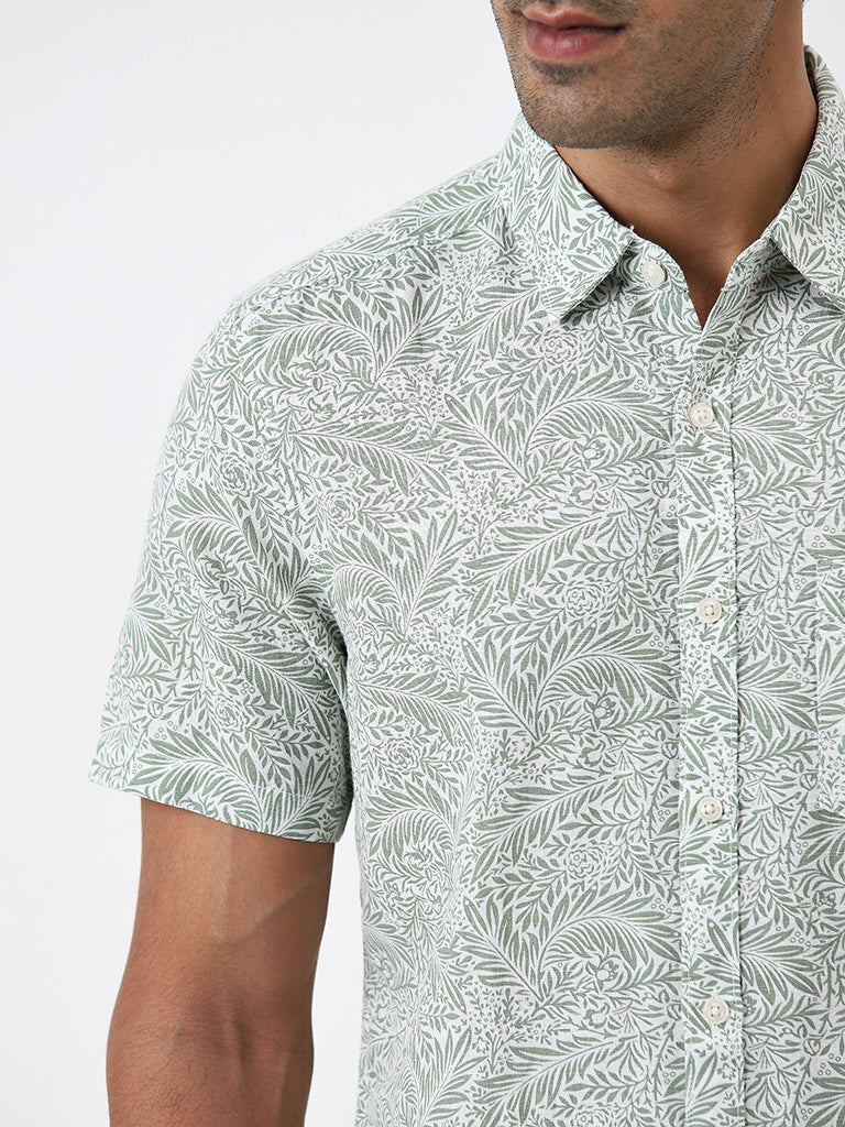 WES Casuals Sage Foliage Printed Slim-Fit Shirt