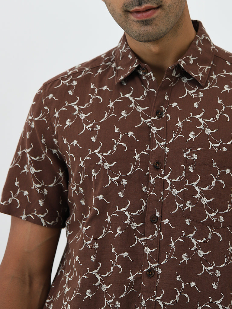 WES Casuals Brown Floral Slim Fit Shirt