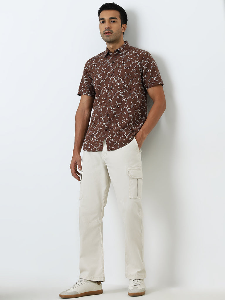 WES Casuals Brown Floral Slim Fit Shirt