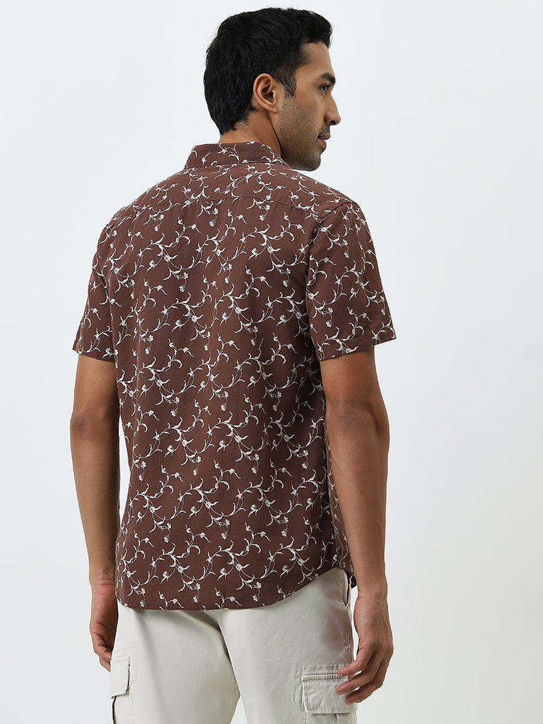 WES Casuals Brown Floral Slim Fit Shirt