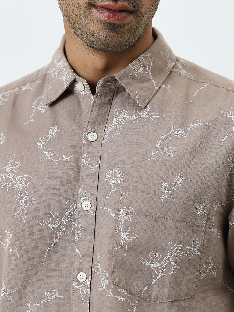 WES Casuals Taupe Floral Printed Slim-Fit Shirt