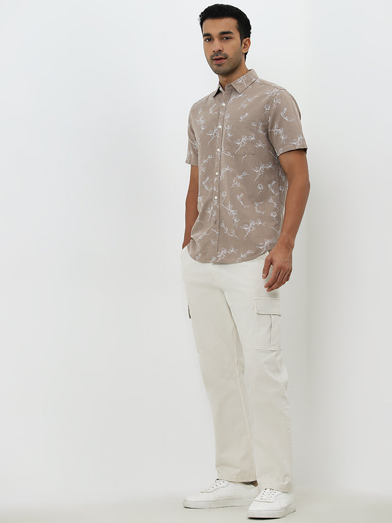 WES Casuals Taupe Floral Printed Slim-Fit Shirt