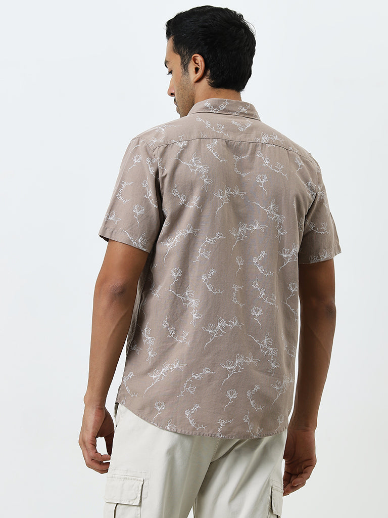 WES Casuals Taupe Floral Printed Slim-Fit Shirt