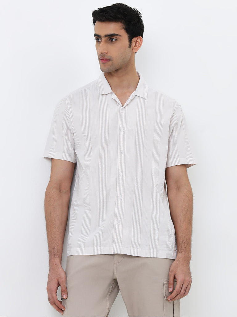 WES Casuals Beige Seersucker Relaxed-Fit Cotton Shirt